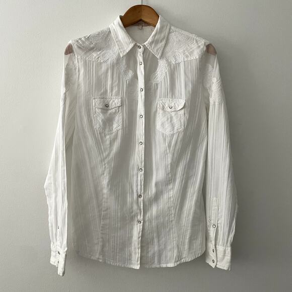 Y2K Guess White Mesh Embroidery Snap Button Women's Shirt Size L - Picture 1 of 16